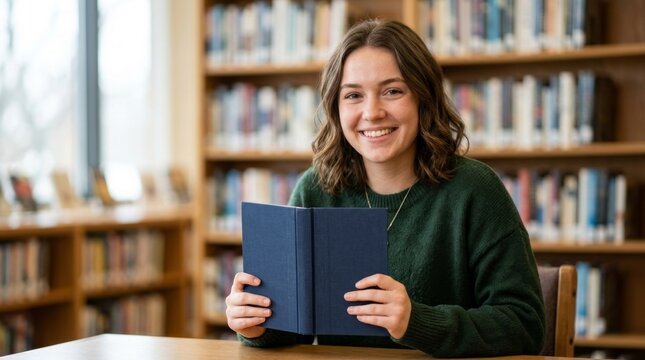 Smiling young female student holding an open book in a library. University education and academic research concept