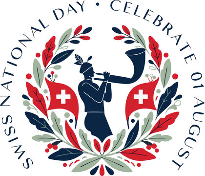 Swiss National Day Celebration: A graphic illustration depicts a traditional Swiss figure playing a alphorn surrounded by foliage and Swiss flags, celebrating the 1st of August.