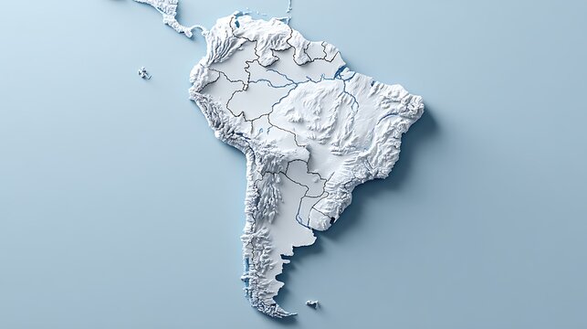 Topographic map of South America, rendered in white with grey country borders on blue background