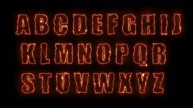 Seamless loop animation of a fiery burning alphabet revealing glowing flame letters with transparent alpha channel. Animated fire font for titles, logos and cinematic text effects