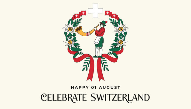 Swiss National Day Celebration Emblem: A stylized illustration depicting a Swiss man in traditional attire playing an alphorn within a floral wreath, crowned by a Swiss cross.