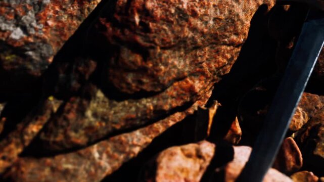 A sword lies on a bed of rocks under bright sunlight. The scene shows various sizes and shapes of stones, with a focus on the sword resting among them. There are shadows cast on the rocks.