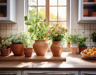 Fototapeta premium kitchen interior with flowers in ceramic pots on the windowsill