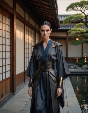 A fashion-forward editorial combining tailored luxury garments with subtle dragon-inspired armor details, layered silk robes, structured leather belts