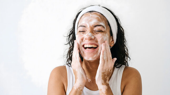 laughing woman washing face with foam wearing headband enjoying refreshing skincare cleansing routine at home