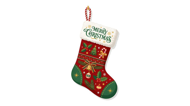 Traditional Christmas stocking with festive decorations, premium flat vector illustration, isolated on white background