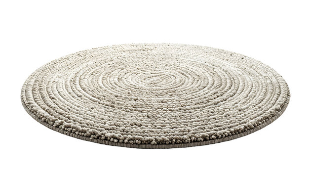 Round beige braided rug with textured woven fabric surface isolated for interior design projects presented on transparent background