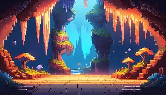 pixel art game level design background underground cave with stalactites and stalagmites