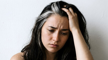 Fototapeta premium Woman with messy hair looking stressed touching head portrait hair loss aging problem photo image