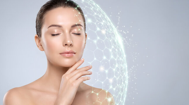 Woman closed eye face beauty portrait white hexagon sphere pattern skin care technology background image