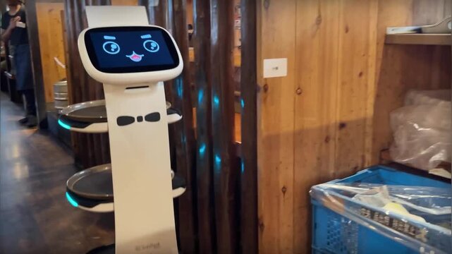 店内を走行する配膳ロボット、居酒屋の自動配膳 AI ロボット