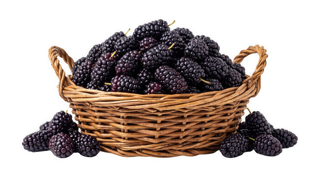 Fresh black mulberry fruit in wicker basket, ripe organic mulberries harvest, dark purple berries on white background, healthy summer food