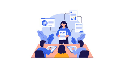 Naklejka premium Business team meeting discussing Standard Operating Procedures (SOPs) for efficient workflow and corporate strategy. Professional training and collaboration.