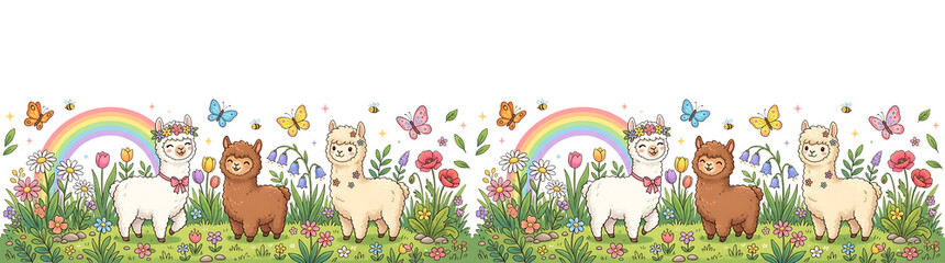 Fototapeta premium Whimsical Llama Border with Rainbow. Butterflies. and Flowers in a Lush Meadow