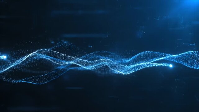 Azure particle stream flows across dark space, two bright points illuminate its form