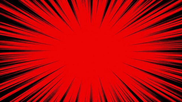 A bold red radial explosion pattern dominates a stark black background with sharp, radiating lines.