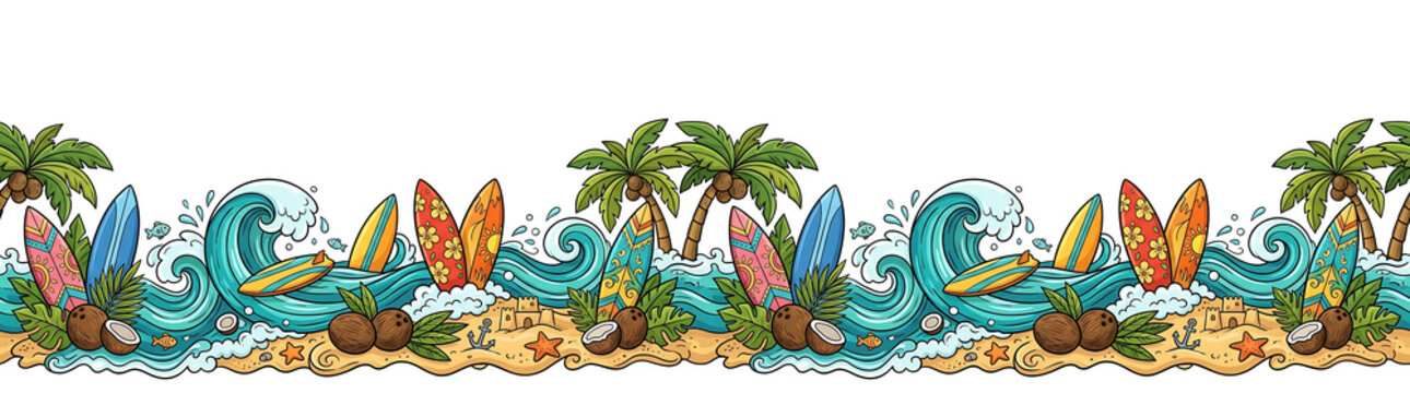 Vibrant cartoon beach border with surfboards. waves. palm trees. coconuts. and beach toys