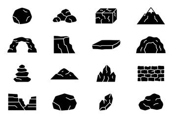 Collection of rock and stone icons including boulders, mountains, caves, cliffs, and stone walls in black silhouette style on transparent background © Kateryna