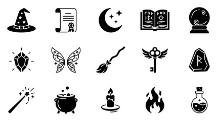 Set of magic and witchcraft icons including hat, scroll, moon, book, crystal ball, gem, wings, broom, key, rune, wand, cauldron, candle, fire, potion on transparent background © Kateryna