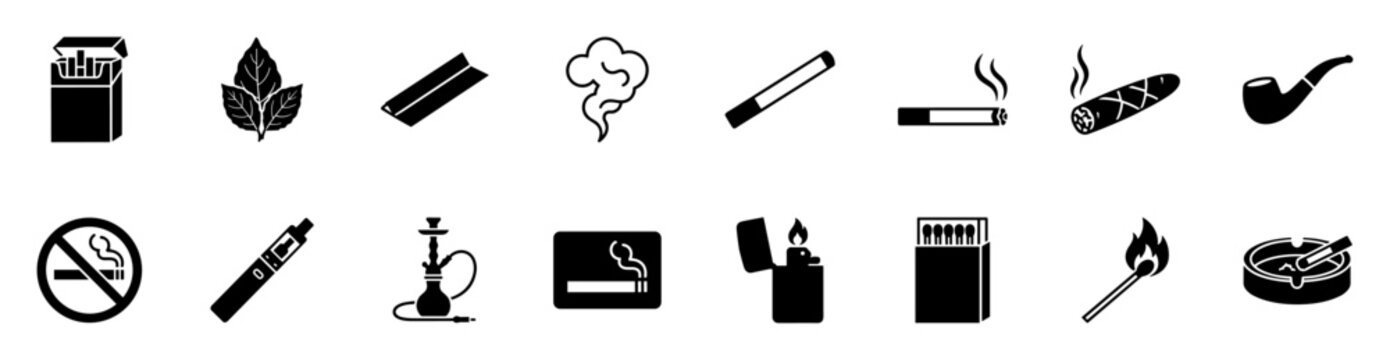 Set of smoking and tobacco icons including cigarette pack, tobacco leaves, rolling paper, smoke, cigarette, cigar, pipe, no smoking sign, vape, hookah, ashtray on transparent background