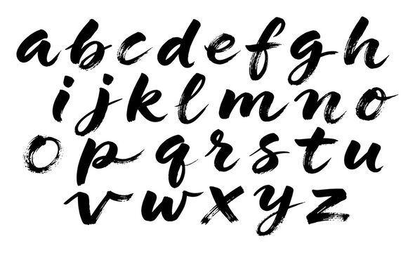 Brush stroke lowercase alphabet letters in black ink on transparent background