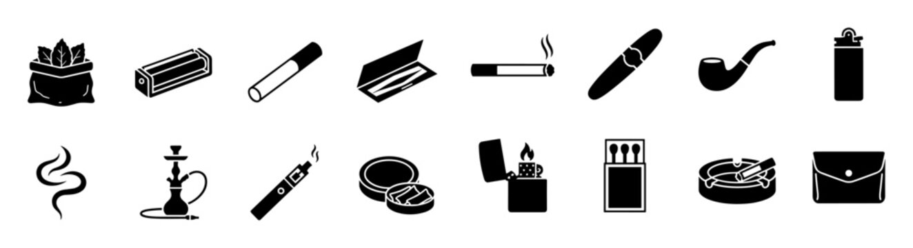 Set of black icons representing tobacco, smoking accessories, and related items including cigarette, cigar, pipe, lighter, ashtray, hookah, and rolling papers on transparent background