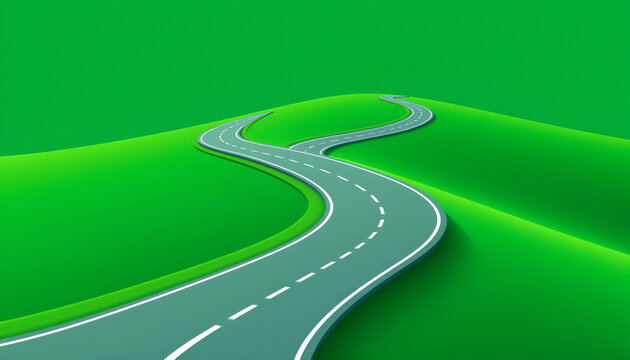 Winding asphalt road splitting into two directions on green hills