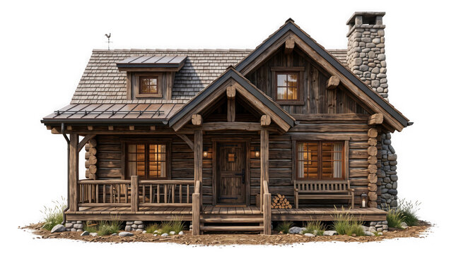 Rustic log cabin house with stone chimney, traditional wooden cottage architecture, cozy timber mountain home isolated on white background