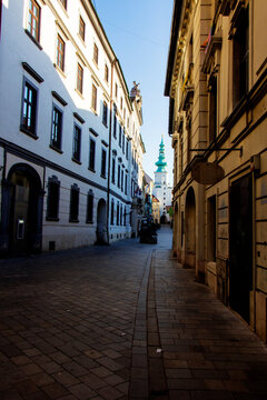 Streetscape in Old Town with Michaels Gate in the Background, Bratislava, Slovakia