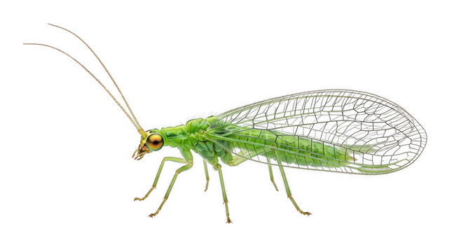 Green lacewing insect on white background, macro photography of common lacewing with transparent wings, chrysoperla carnea isolated on white