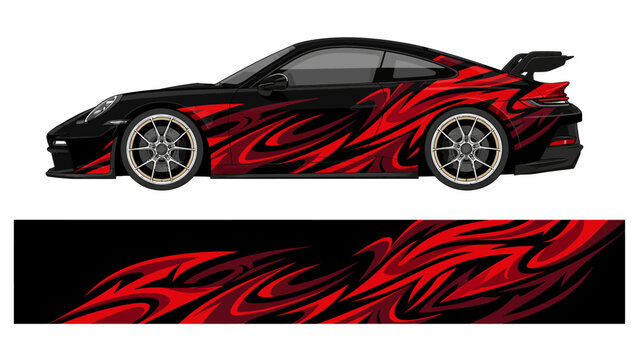 Red and black tribal flame car livery wrap.