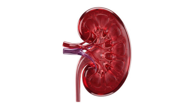 Human kidney cross section model, anatomical renal organ structure, medical 3D illustration of internal kidney anatomy on white background