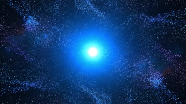 A luminous blue cosmic nebula swirls with vibrant energy and star clusters in a deep space visualization.