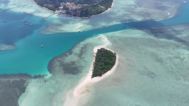 Aerial shot of Kerayaan Beccu Beach, a white-sand beach in Kotabaru, South Kalimantan