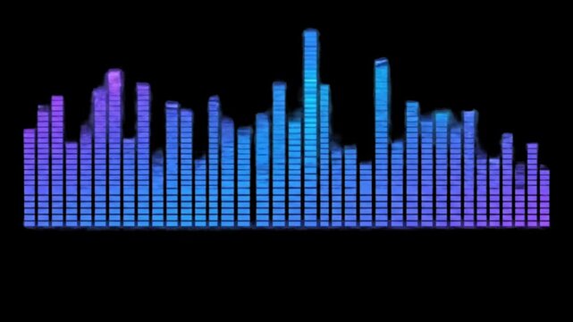 A modern audio equalizer display with glowing purple and blue bars of varying heights set against a sleek black background for visual impact.