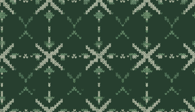 Green pixel art geometric seamless pattern background with folk ornament elements