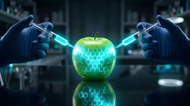 Cinematic surreal photo of a gloved hand injecting glowing cyan light into an apple revealing molecular grids.