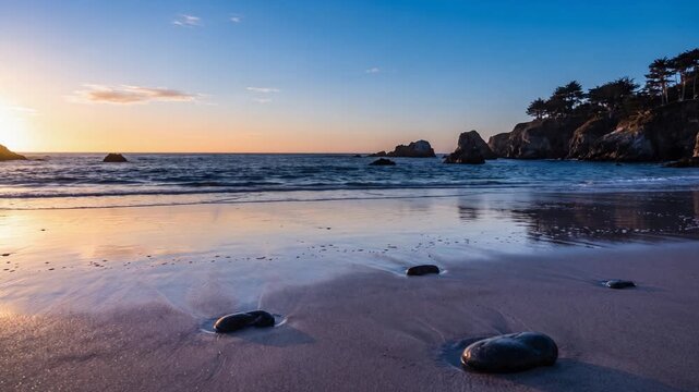 丸石が点在する渚を水鏡のように染める夕焼けの入り江