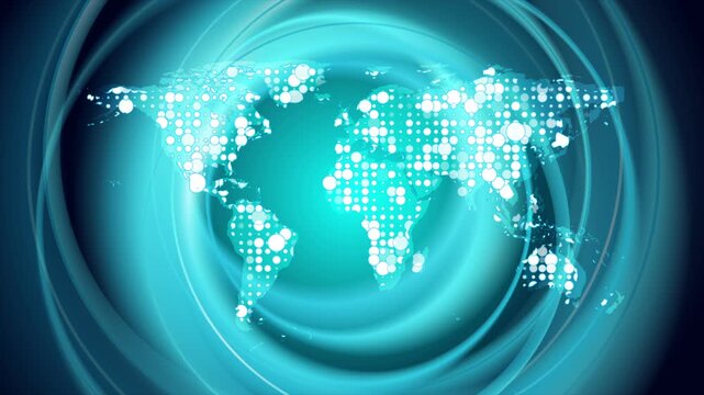Glowing blue abstract futuristic background with dotted world map and shiny circles. Technology motion design. Seamless loop. Video animation Ultra HD 4K 3840x2160