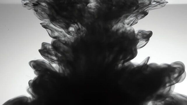 Black ink cloud spreading, diffusing in clear liquid, against a light backdrop