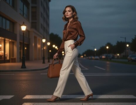 A woman crossing a quiet city street at dusk wearing a chocolate satin blouse tucked into cream tailored trousers.