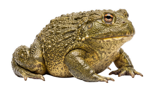 African bullfrog isolated on white background, giant green toad with bumpy skin texture, large pyxicephalus adspersus amphibian portrait