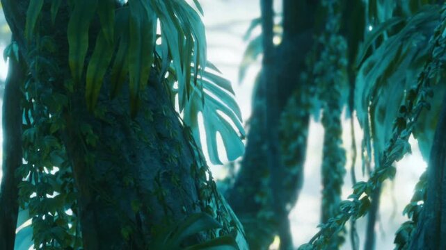 Plants grow around a large tree in a forest. Sunlight filters through the leaves and creates a soft glow in the background. The setting shows a vibrant style of nature in the morning.