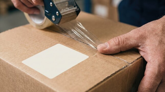 Hand sealing brown cardboard box with clear adhesive tape
