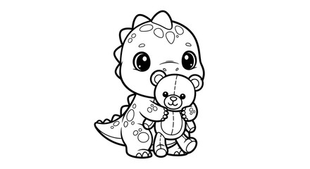 Obraz premium Adorable kawaii baby dinosaur character hugging a small teddy bear, black and white line art illustration perfect for children's coloring pages and activities.
