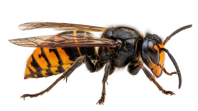 Asian giant hornet isolated on white background, macro photography of invasive murder hornet, stinging insect with yellow and black stripes