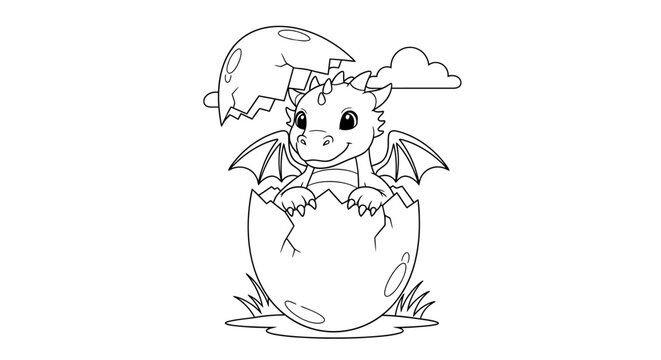 Adorable baby dragon hatching from an egg, cute cartoon outline illustration for kids coloring book, fantasy creature design for children's activities.