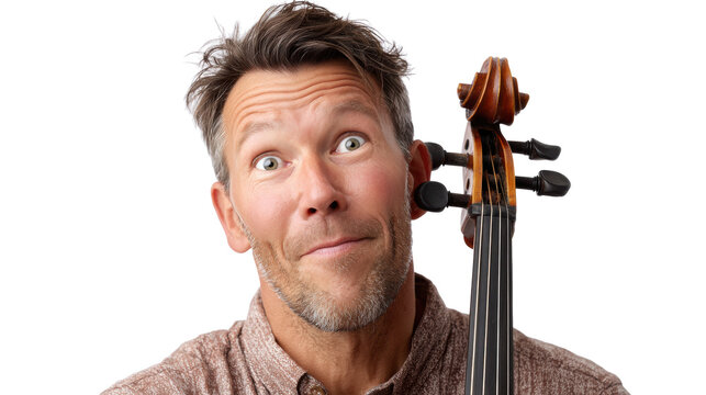Playful male cellist portrait holding cello neck close to face isolated on transparent background