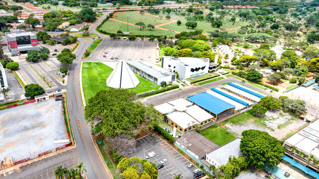 Hospitals, clinics, and temples in the Grandes &Aacute;reas Sul (SGAS 915-916) district, with its tree-lined streets and modern architecture. Bras&iacute;lia, Brazil, 2025