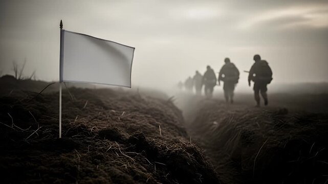 Small white flag planted in the dark muddy earth of a battlefield trench while weary soldiers walk away into the distance during a cold and foggy morning